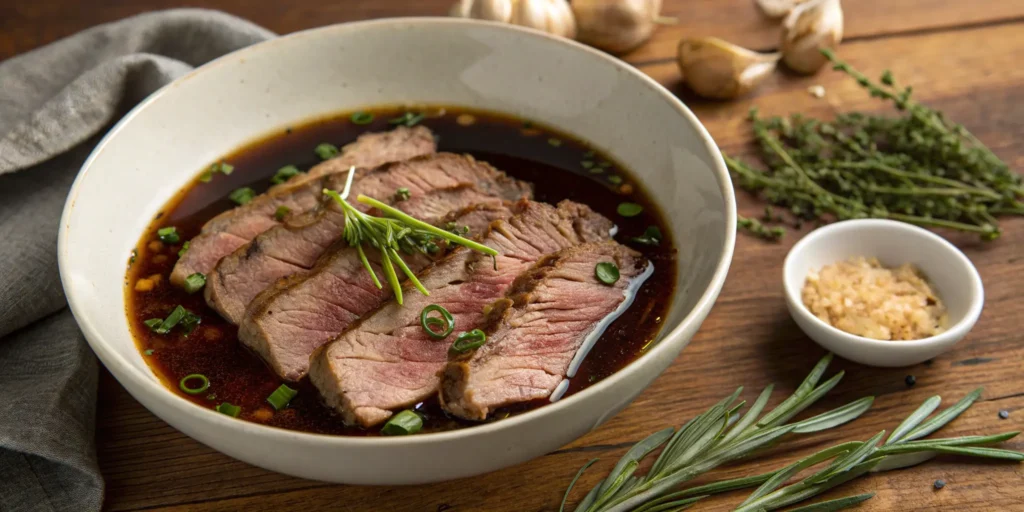Thin steak slices marinating in soy sauce and spices for Frying Steak stir fry