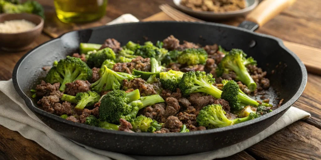 Low-carb garlic butter beef and broccoli in skillet