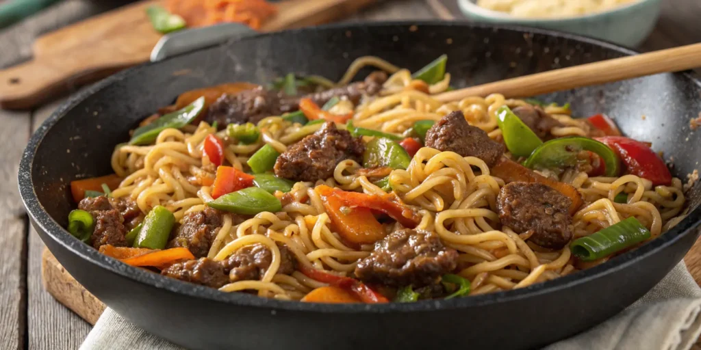 Mongolian beef with ground beef and ramen noodles