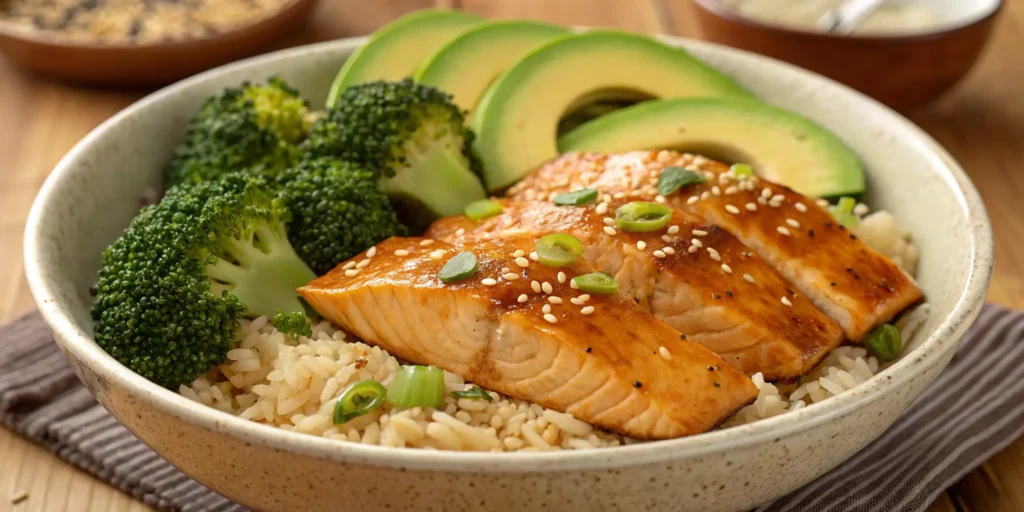Garlic honey salmon bowl with brown rice, avocado, and broccoli