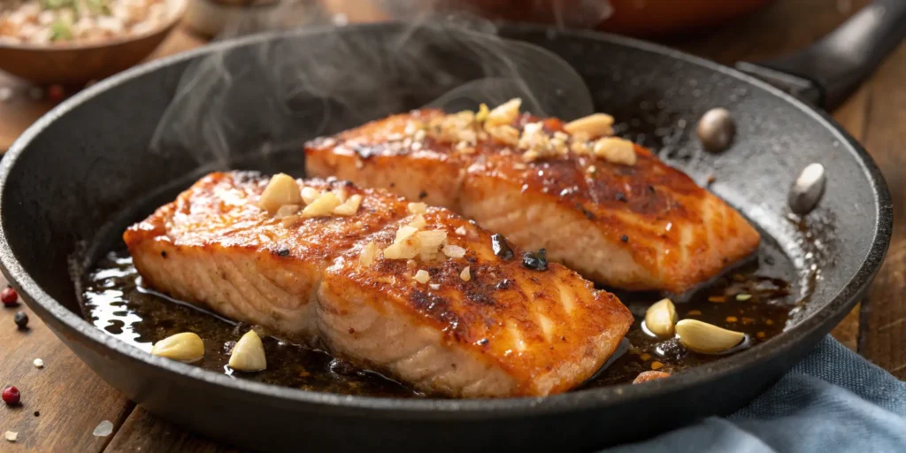 Pan-seared honey garlic salmon sizzling in skillet with golden glaze, Honey Salmon Recipe