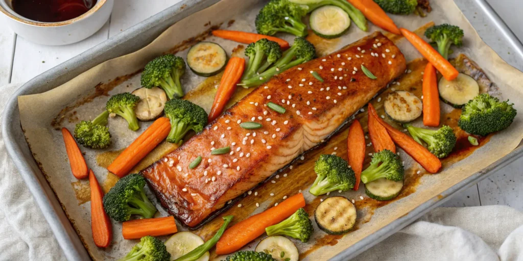 One-pan honey soy salmon with roasted vegetables