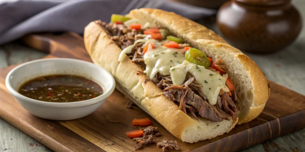 Italian beef sandwich topped with provolone and giardiniera