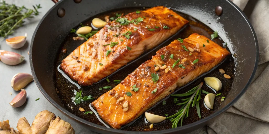 Classic honey soy salmon fillets glazed in skillet