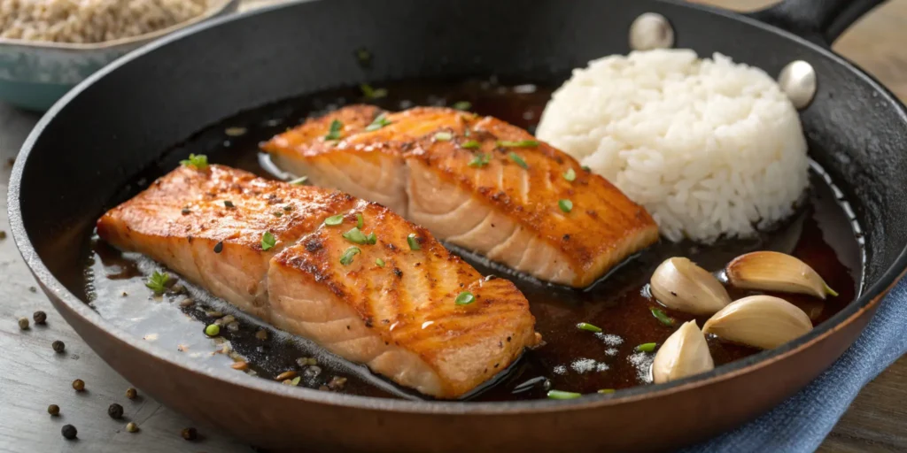 Pan-seared salmon with teriyaki sauce cooking in a skillet with garlic