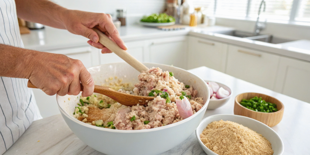 Mixing ingredients for healthy ground chicken meatloaf in a bowl