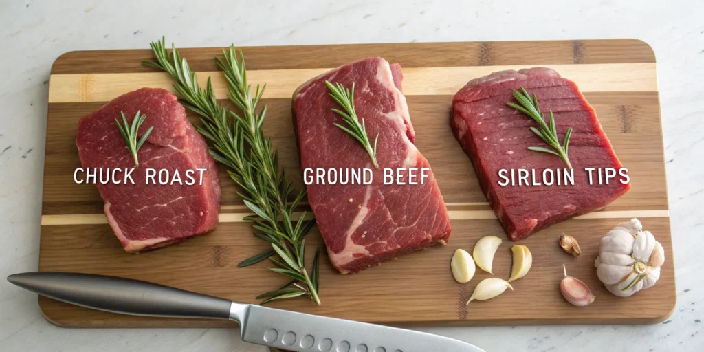 Raw beef cuts (chuck, ground beef, and sirloin) displayed on a cutting board