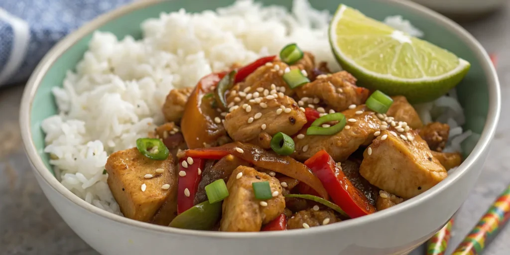 Spicy garlic ginger chicken Asian stir fry recipe served with jasmine rice