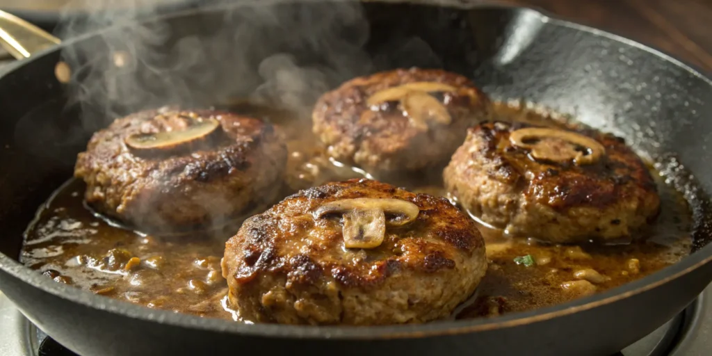 Classic easy Salisbury steak recipe cooking in mushroom gravy