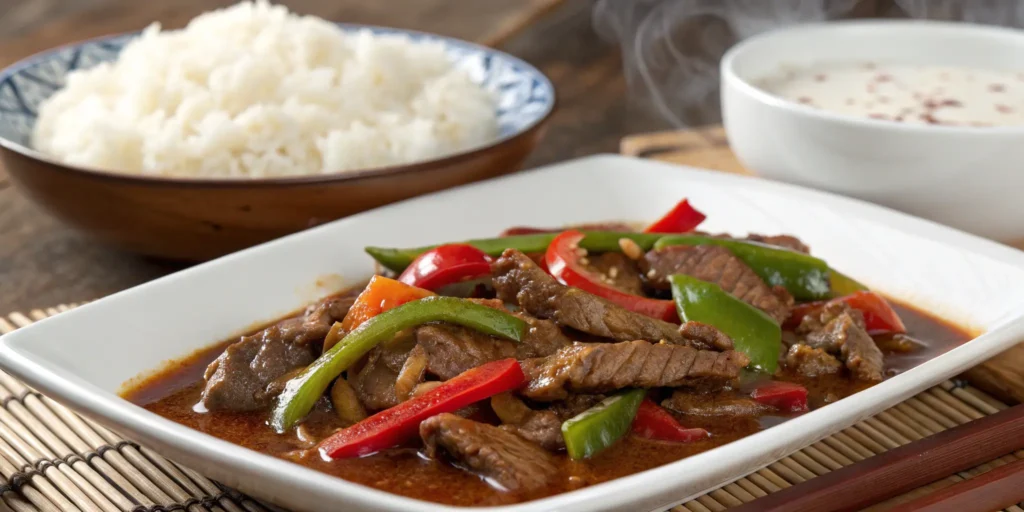Classic slow cooker pepper steak with bell peppers and rice