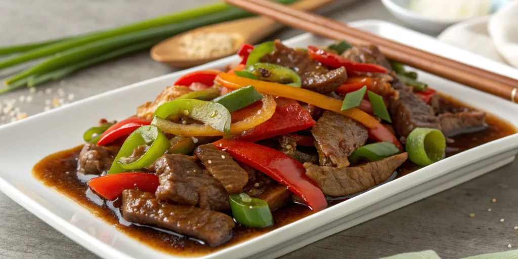Classic Chinese pepper steak stir-fry with bell peppers