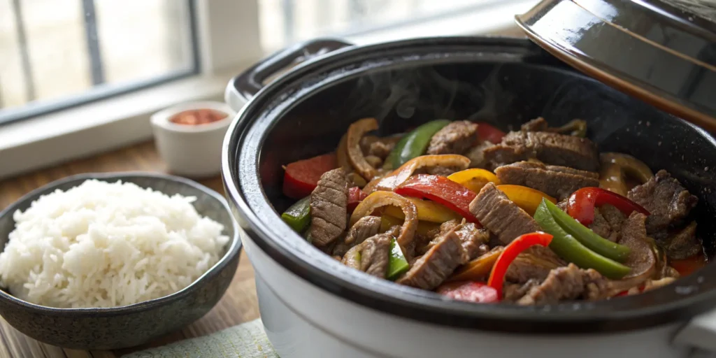 Classic crock pot pepper steak served with rice