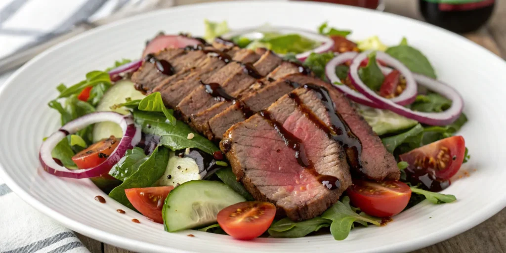 Classic grilled sirloin steak salad recipe with mixed greens and balsamic vinaigrette