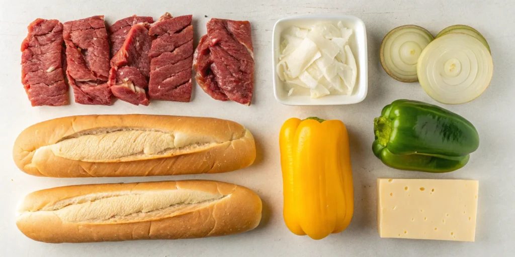 Philly Cheesesteak Recipe ingredients - ribeye, provolone, onions, hoagie rolls