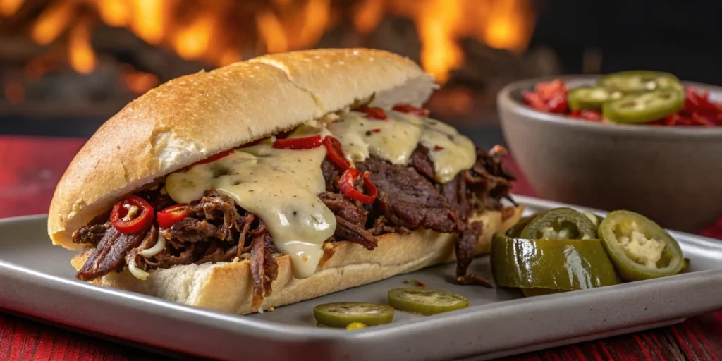 Spicy chipotle Italian beef sandwich with melted pepper jack cheese