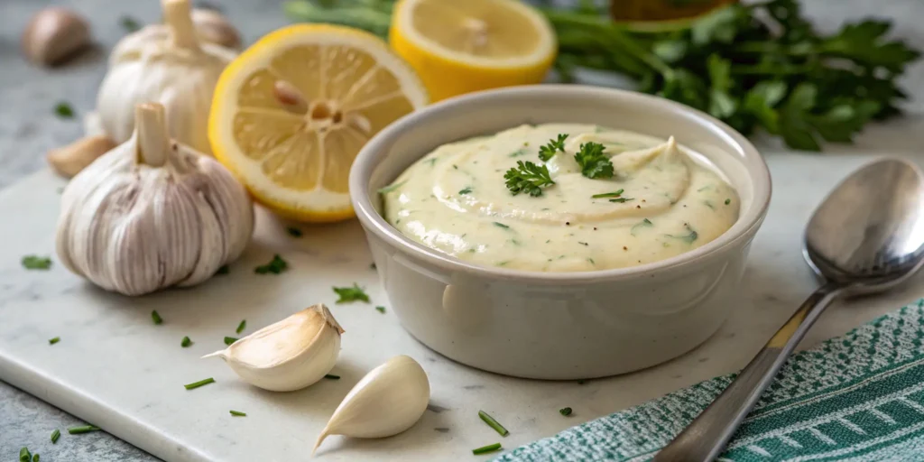 Bowl of horseradish garlic aioli for steak sandwiches; Steak Sandwich Sauce
