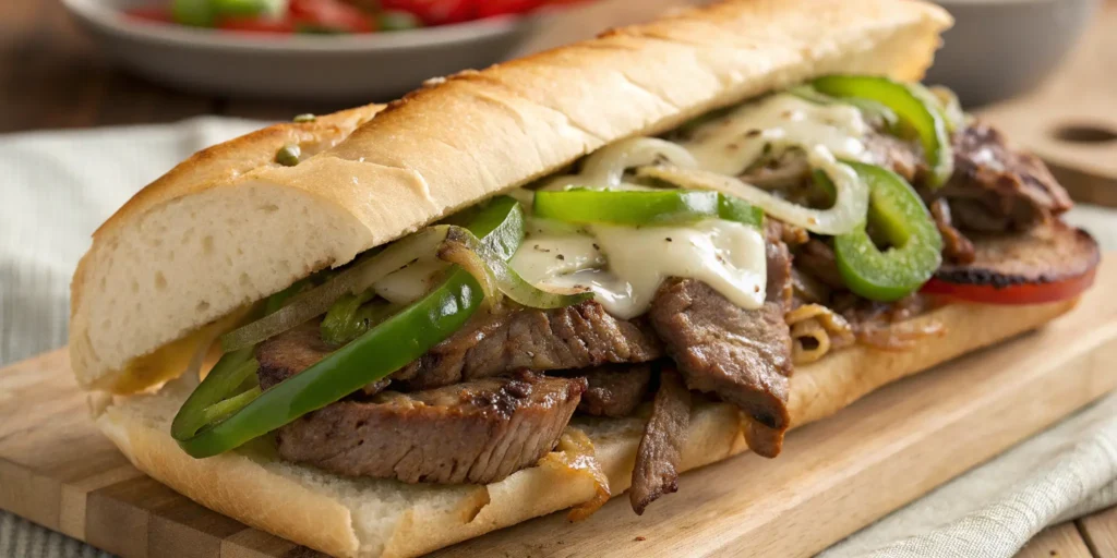 Classic Philly-style steak sandwich with melted provolone, sautéed peppers and onions – steak sandwich recipes