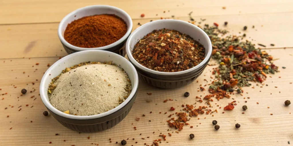 Three savory Philly cheesesteak seasoning blends in small bowls with spices