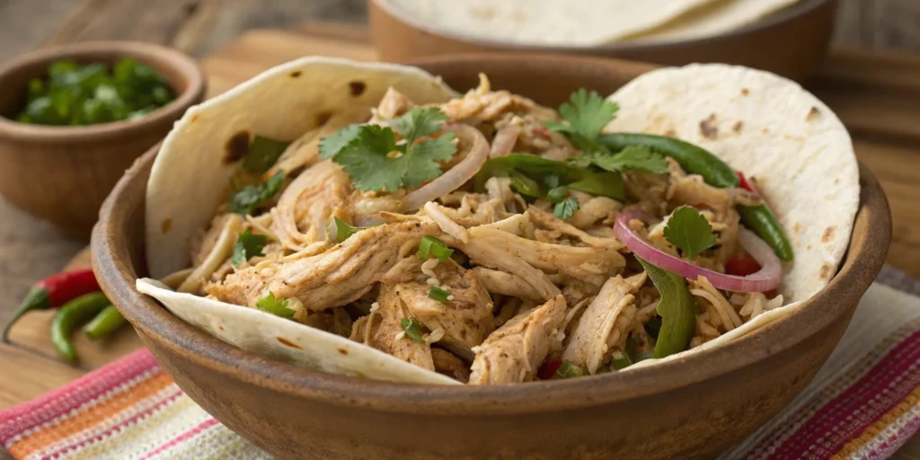 Flavorful shredded chicken filling with green chilies and onions for white chicken enchiladas
