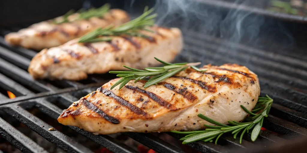 Juicy grilled chicken breast with rosemary on charcoal grill