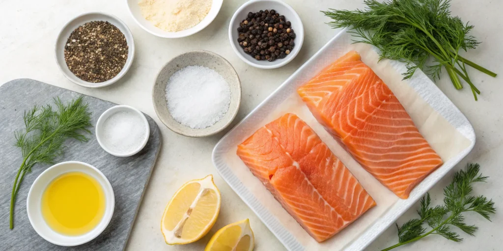 Ingredients for pan fried salmon laid out on a countertop