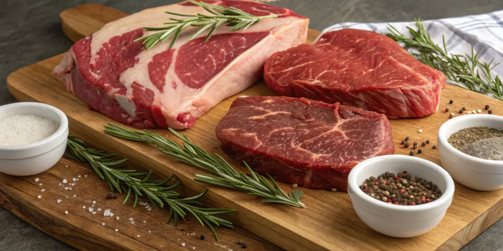 Different raw beef cuts for slow cooker Italian beef on wooden board