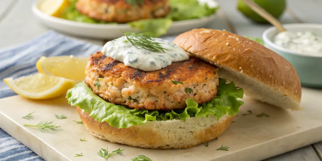 Classic salmon burger with lemon dill and toasted bun - Salmon Burgers Recipe