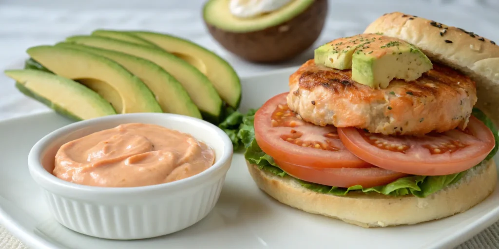 Creamy avocado and spicy sriracha mayo topping for salmon - Salmon Burger Toppings