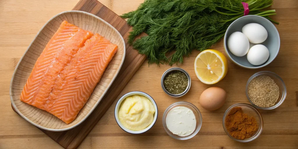 Fresh ingredients for salmon burgers with canned salmon including canned salmon, eggs, breadcrumbs, and herbs