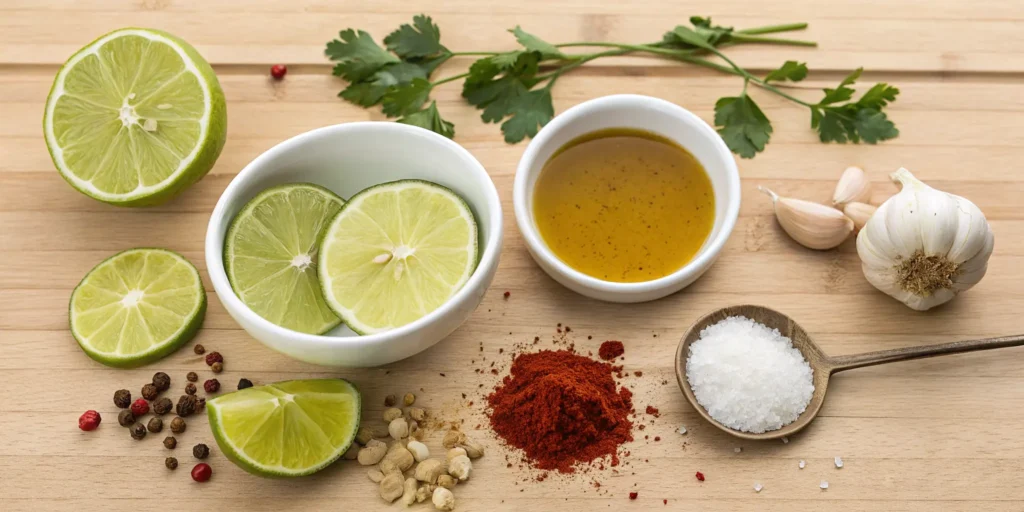Essential fajita meat marinade ingredients including lime juice, garlic, and chili powder