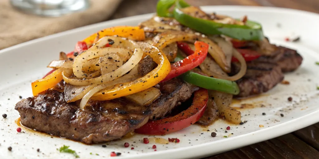 Classic pepper steak with onion and bell peppers, seared to perfection
