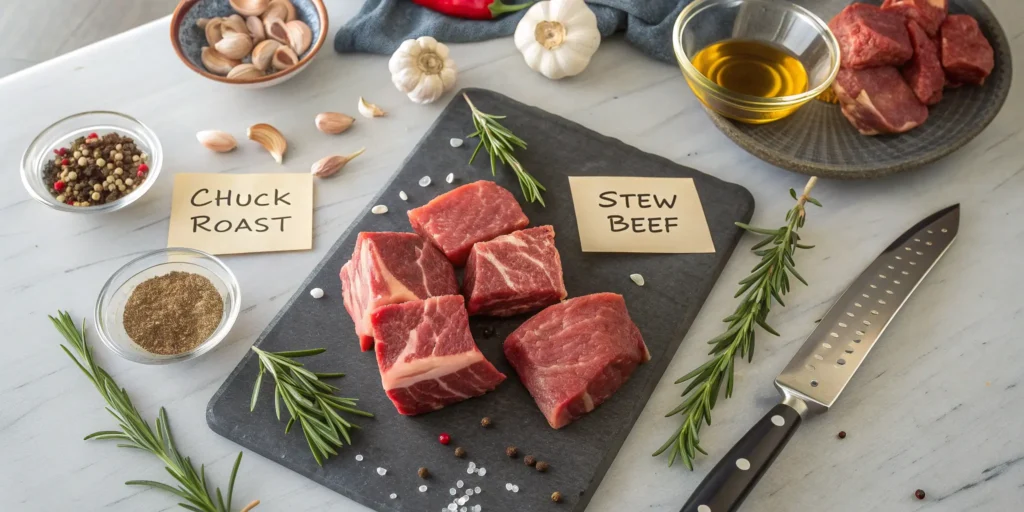Raw beef chuck and stew meat prepped on cutting board for noodles