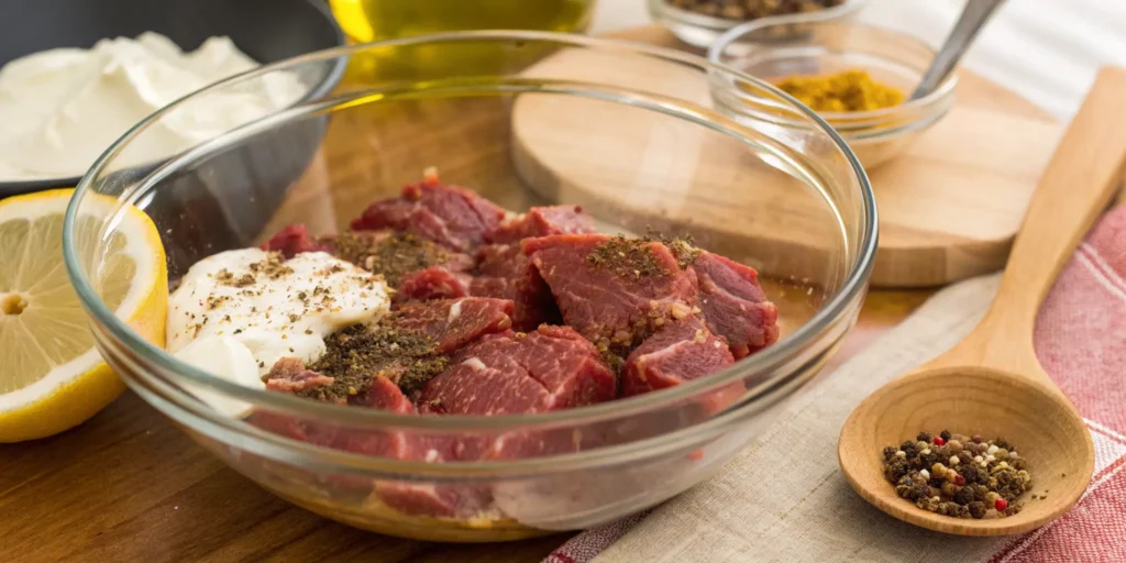 Beef shawarma marinating in yogurt, lemon, and spices