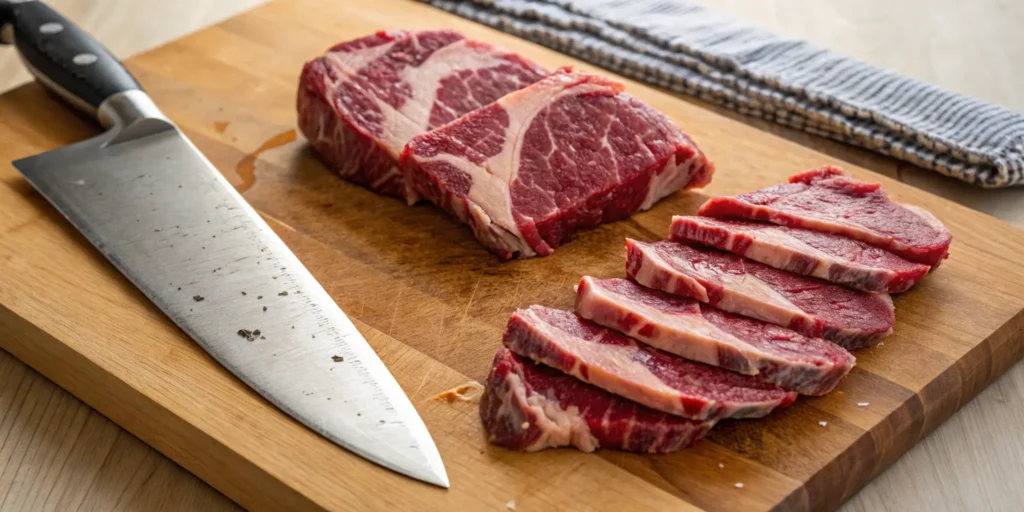 Raw ribeye steak sliced thinly for Philly cheese steak preparation