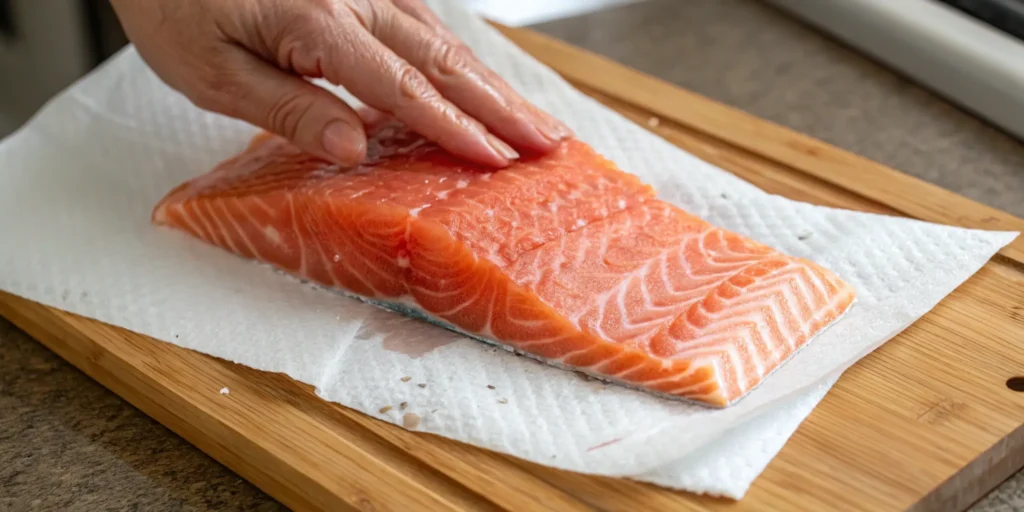 Patting skin-on salmon fillet dry with paper towels before pan frying for crispy skin