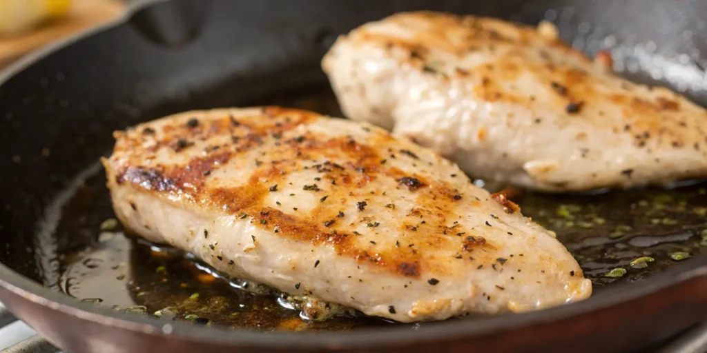 Cooking chicken breast for chicken Caesar salad recipe in skillet