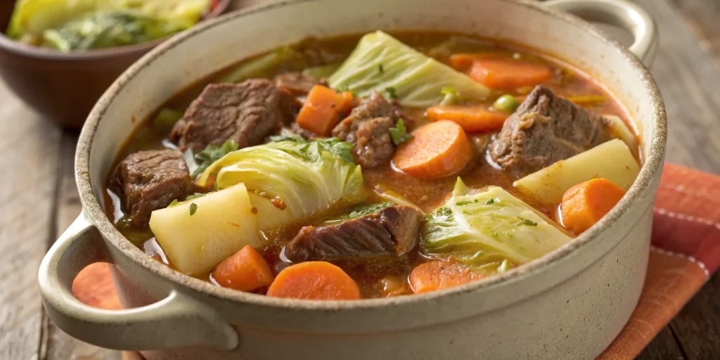 Classic beef and cabbage stew with beef chunks, carrots, potatoes, and cabbage in a rich broth - Beef and Cabbage Recipe