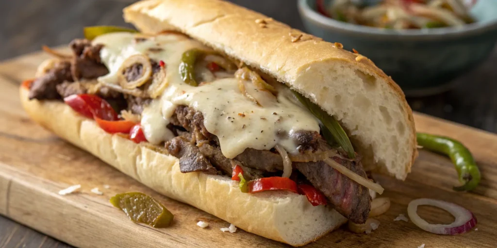 Philly-style New York steak sandwich with onions and peppers