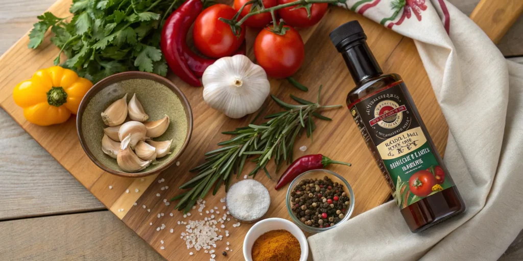 Fresh herbs, garlic, Worcestershire sauce, and spices for seasoning grilled patties - Beef Hamburger