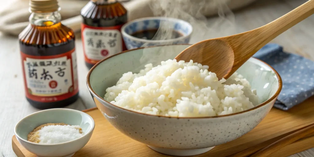 Mixing seasoned sushi rice with rice vinegar for salmon sushi bake