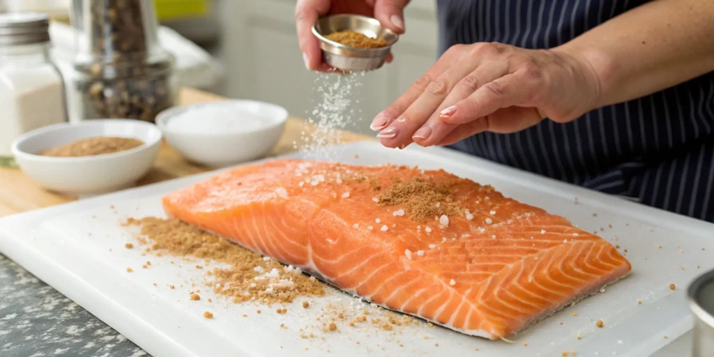 Preparing salmon fillet with dry brine for smoked salmon recipe