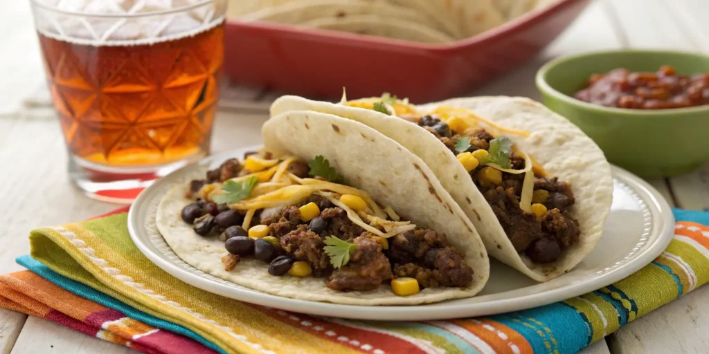 Tex-Mex ground beef tacos with corn and black beans