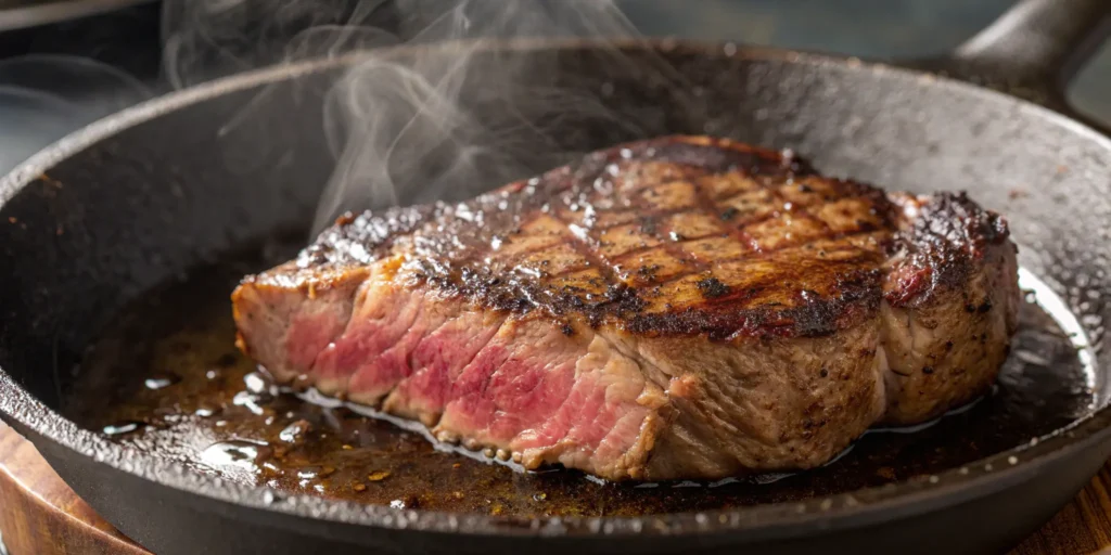 Sirloin steak searing in cast iron skillet with golden crust - Beef Steak and Pasta