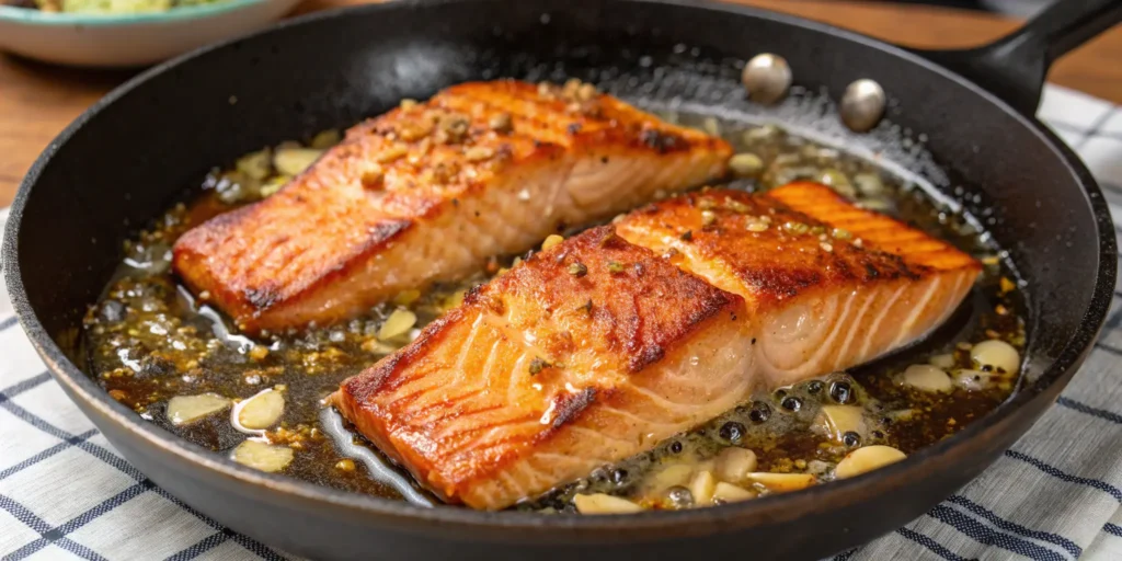 Pan-seared garlic honey salmon cooking with garlic and honey sauce in cast-iron skillet