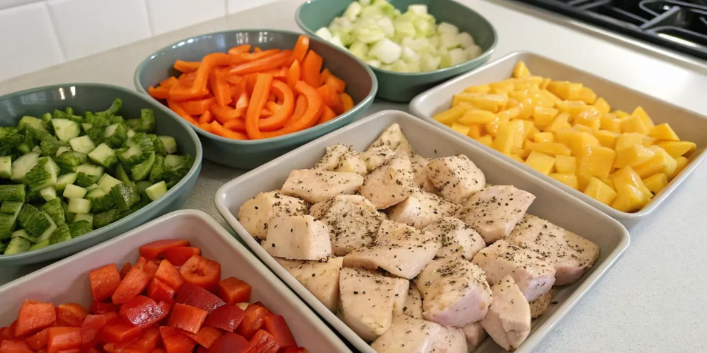 Fresh vegetables and seasoned chicken ready for sheet pan dinner preparation