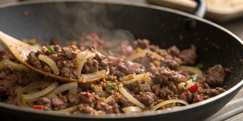 Close-up of ground beef cooking in a skillet with sautéed onions and spices