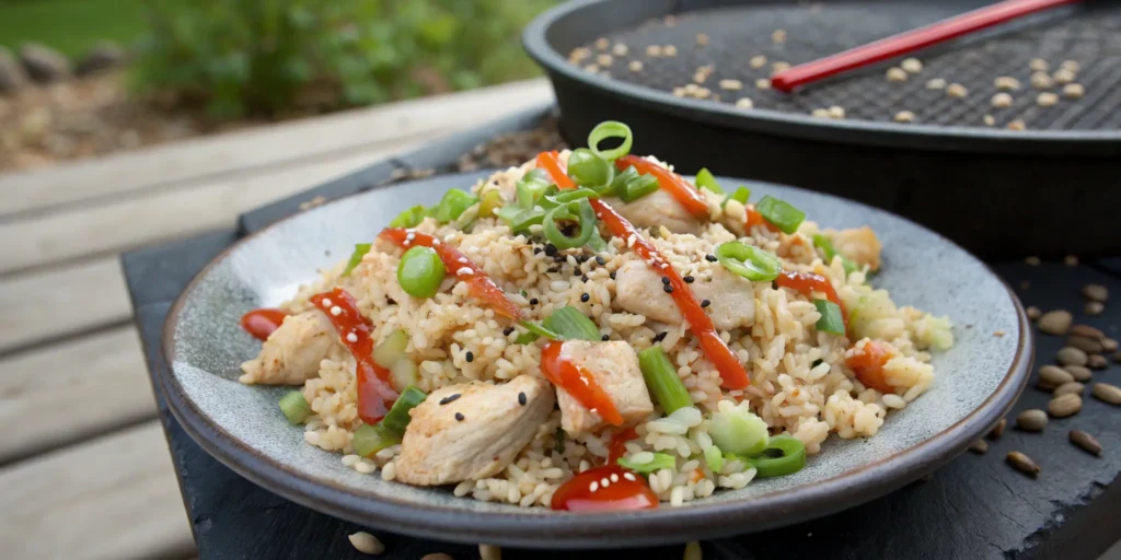 plated chicken fried rice on Blackstone griddle setup