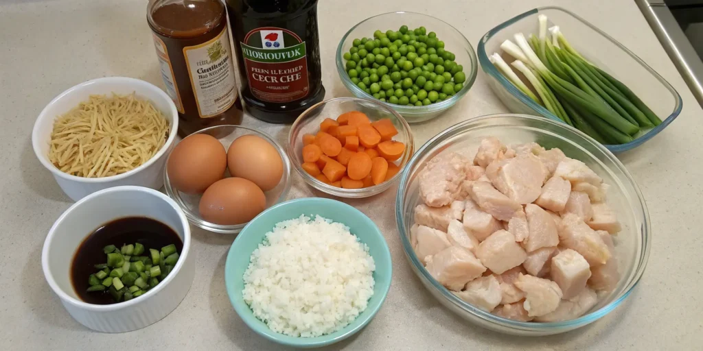 Ingredients for chicken fried rice recipe neatly arranged on a kitchen counter