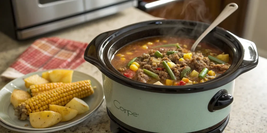 Slow cooker ground beef soup simmering with vegetables