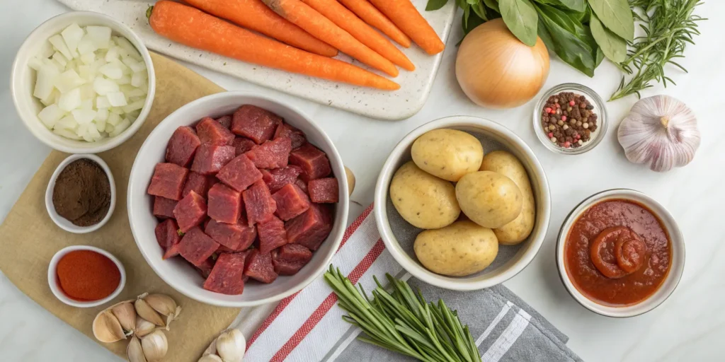 Ingredients for slow cooker beef stew arranged before cooking